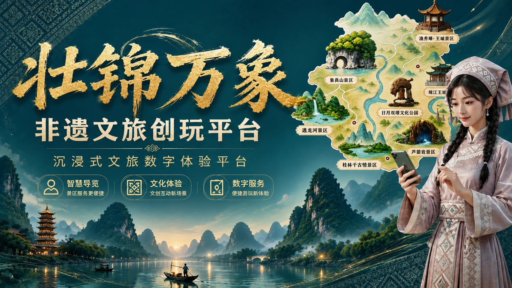 壮锦万象:非遗文旅创玩平台。桂林山水、景区手绘地图与壮锦服饰构成的项目主视觉。